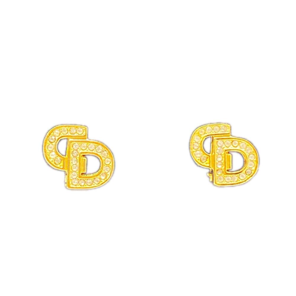 Christian Dior CD Logo Rhinestone Earrings, Gold GP, Women's